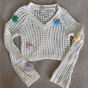Wild Fable Cream V-Neck Sweater with Floral Details